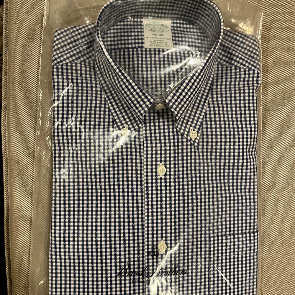 Brooks Brothers Navy Blue Gingham Milano Dress Shirt